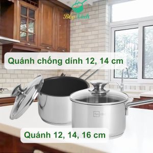 Quánh nấu cháo bột Fivestar Standard 3 đáy inox 430 nắp kính tặng 5 muỗng ăn ( 12cm / 14cm / 16cm ) dùng được bếp từ hồng ngoại gas