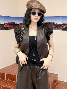 เสื้อกั๊กหนังสุดเทรนด์สำหรับผู้หญิง 2025 ใหม่ ดีไซน์เก๋ไก๋ ชั้นใน แฟชั่น แขนกุด คอวี ปกโปโล วัสดุ PU