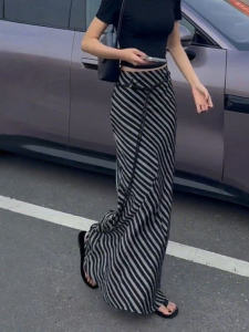 Trendy Korean Style A-Line Mini Skirt Womens High Waist Striped Belted Long Skirts Fashionable Autumn 2025 New Arrival