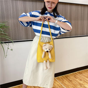 Cute Cartoon Bear Canvas Backpack Crossbody Bucket Bag Womens Stylish Fresh Sweet Color Collision Small Size Nylon Bag