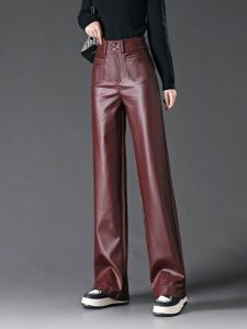 Ankela High Waist Slim Fit PU Leather Pants Wide Leg Pants Womens Loose Casual Straight Cut Trousers Autumn Winter Fashion