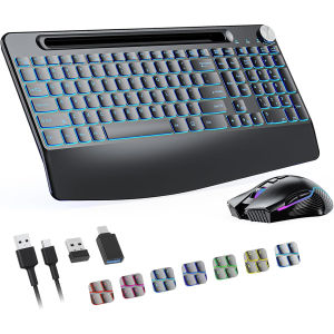 JOMAA | 2.4G Wireless Keyboard SetBacklit Wireless Keyboard Mouse ComboRechargeablewith Phone Holder &Wrist Rest &jiggler Mouse