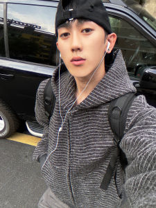 American Retro Striped Hooded Zipper Jacket Mens Loose Open Cardigan Sweatshirt Trendy Autumn Long Sleeve Casual Style