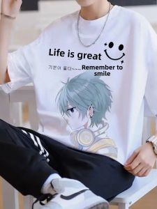 Loose Mens Short Sleeve T-Shirt round Neck Print Casual Summer Fashion Top Polyester Spandex Blend Comfortable Fit Tee Shirt