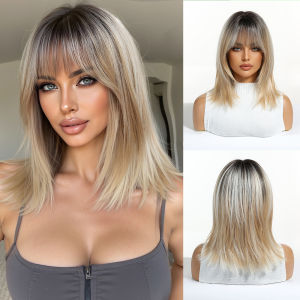 EASIHAIR | Short Layered Synthetic Wig Brown Blond Ombre Medium Length Straight Natural Looking Wigs with Bangs Heat Resistant for Women