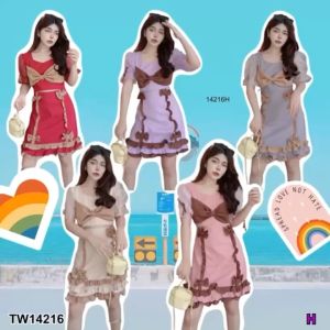 เดรสแขนผ้าแก้วอกแต่งโบว์ชายระบาย | TW14216 | แบบใหม่ของผ้าแก้วอกที่สุด