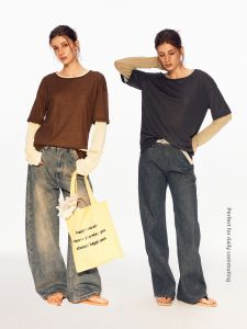 MADWITCH | Vintage American Style Faux Two-piece Contrast Color Long Sleeve Round Neck T-shirt