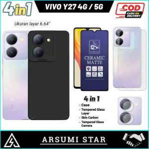Promo Paket Murah 4in1 Case VIVO Y27 5G 4G Camera Softcase Slim Black Matte Case Liquit + Tg Anti Gores Ceramic Matte Anti Spy + Skin Camera + Garskin Carbon 3D