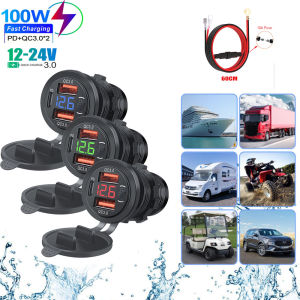 JBMBHC ช่องเสียบสายชาร์จรถ USB 3พอร์ต12V/24V USB-C สอง QC3.0ชาร์จเร็ว PD 20W สำหรับรถยนต์มอเตอร์ไซค์พร้อมโวลต์มิเตอร์และสวิทช์ไฟ