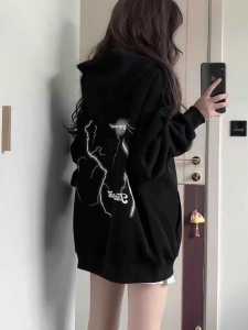 Retro American Black Hoodie Women Spring Autumn 2024 New Street Lightning Print Couple Tops Loose Fit Long Sleeve Cotton