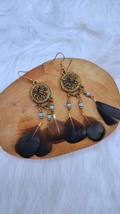 Ready Stock SG Gold Emblem Green Pheasant Drop Earrings Handmade Boho Feather Earrings