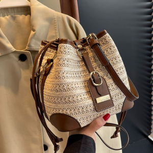 Summer Vintage Color Block Straw Woven Bucket Bag Casual Vacation Womens Crossbody Bag Soft Handbag Single Shoulder Bag