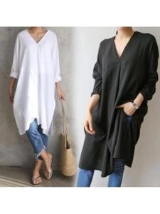 ชุดเดรสยาวหลวมๆ สไตล์เกาหลี ฤดูใบไม้ร่วง 2024 ผ้าฝ้าย 100% แขนยาว สไตล์ลำลอง กระโปรงทรงเอ ชุดเดรสผู้หญิง