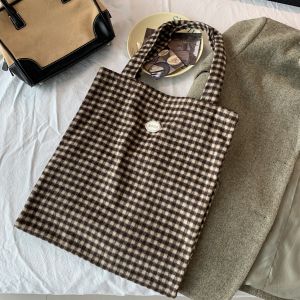 Large Capacity Red Plaid Lazy Canvas Shopping Bag Casual Tote Bag Versatile Soft Handle Polyester Lining Washable Youth Friendly