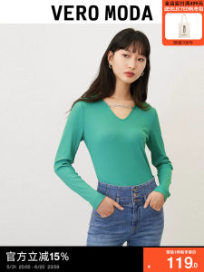 Vero Moda Womens Long Sleeve V-Neck T-Shirt H-Shape Korean Style Commute Pure Color Spring Autumn Winter Fashionable