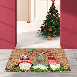 VIKAMA Christmas Floor Mat Three Gnomes Burlap Merry Christmas Pine Print Soft Rug For Front Porch Entryway Living Room Decor