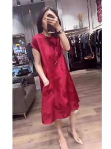 plus Size A-Line Qipao Dress Red Color Block Slimming Design Korean Style Commute Wear Summer Season Mid-Length Skirt