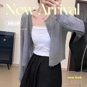 SHUQINGLAI | Áo Cardigan Mỏng Hở Dáng Mùa Hè Có Dây Kéo Chống Nắng Bằng Sợi Kẻ Sọc