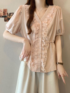 plus Size Summer New Style Fairy Tale Lace Splicing Casual Bubble Sleeve Shirt Womens Korean Style Casual Versatile Top