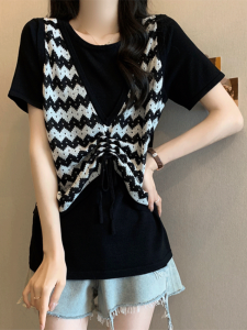 Ice Silk Knitted Short Sleeve T-Shirt Womens Summer Fashion plus Size Slimming Belly Covering Stylish Top Korean Style