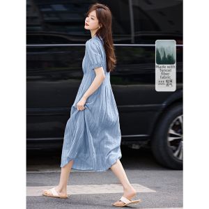 MOHANYIMEI | Lace-up Imitative Silk Fabric Elegant Fitted Slimming Summer New Dress