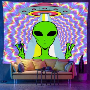 Tấm Thảm Treo Tường In Hình Lá Cần Sa Và UFO Của VIKAMA Phong Cách Psychedelic Dành Cho Phòng Trippy Trang Trí Nhà Cửa Chất Liệu Sợi Polyester.