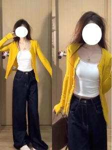 เสื้อคาร์ดิแกนถักสีเหลืองสไตล์อเมริกันย้อนยุคสำหรับผู้หญิง เสื้อคลุมกันหนาวทรงสลิมฟิตสำหรับฤดูใบไม้ร่วง เสื้อคลุมกันหนาวแบบสวมหัว