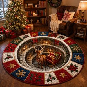 VIKAMA 3D Optical Illusion Round Santa Claus Rug Non-Slip Machine-Washable Living Room Rug Christmas Party Floor Mat Decor