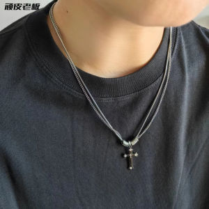 Double-Layer Twin Trial Diamond Cross Necklace Mens Trendy Fancy Easiest for Match Light Luxury Minority Titanium Steel Sweater Chain Women