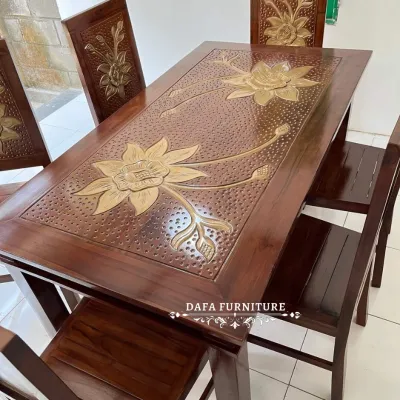 Meja Makan Ukir Set 6 Kursi Kayu Jati Motif Bunga