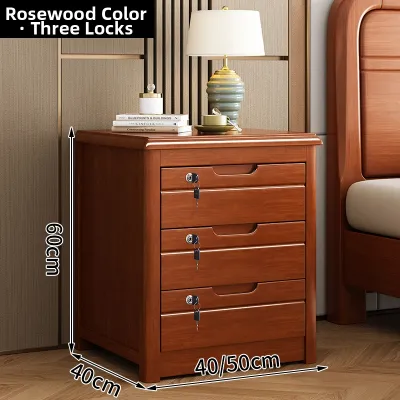 Modern Minimalist Solid Wood Bedside Table with Lock Three Layers Home Bedroom Chest of Drawers Storage Cabinet No Installation Required