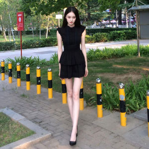 Korean Style Hepburn Elegant Slim Fit Little Black Dress Fashionable Temperament Dress Summer New Arrival High Waist Pure Color Shoulder Bared mid Stretch UV Protection A-Line Skirt