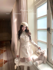 Catyears เสื้อแจ็คเก็ตสั้นแขนสั้น สูง เอว ตุ๊กตา ปกเสื้อ ปมผีเสื้อครึ่ง กระโปรง ชุด ผู้หญิง ชุดแฟชั่น สีขาว เจ้าหญิงพีช