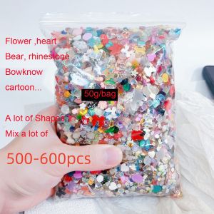 50g 3D Random Mixed Resin Bow/Diamond Nail Art Charms Cartoon Shapes Heart/Flower/Ribbon Rhinestone Cute DIY Manicure Accessory