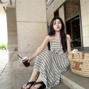 Summer Casual Knitted Stripe Strap Vest Dress Womens Long Beach Sandals Trendy Polyester Fiber round Neckline Thin Style