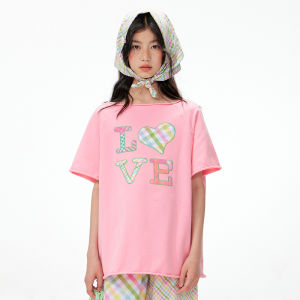 LOVESASAKIDS | Cute Pink Love Applique Wide Neckline Raw Edge Loose Tshirt