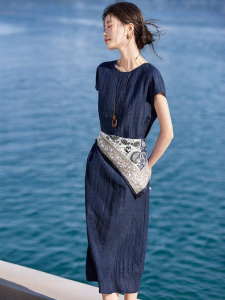 MOHANYIMEI | Elegant Office Style Flax Blend Dress with Shoulder Seam Printing and Sash