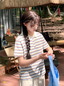 Sweet Fresh Color Block Polo Neck Short Sleeve T Shirt Women Summer Small Size Age Reduction Top Cotton Straight Cut Fit