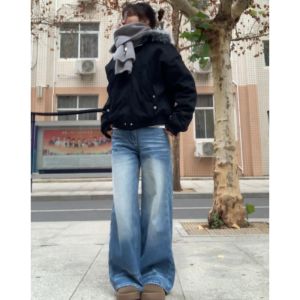 Quần Jeans Denim Ống Rộng Cạp Cao Cho Nữ Quần Dài Đến Sàn Có Thiết Kế Lưng Đứng Quần Jeans Denim Cao Cấp Thường Ngày