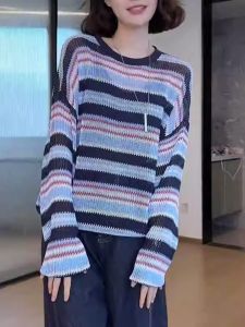 Fashionable Striped Patchwork Knitwear Womens Casual Spring New Style Ageless Personality Match All over Top Polyester Fiber
