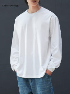 Heavyweight Long Sleeve Cotton T-Shirt Mens Loose Fit round Neck Sweatshirt Base Layer Shirt Spring Autumn Pure Color Crew Neck