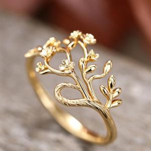 Huitan Tree and Floral Design Women Opening Ring Aesthetic Wedding Metal Jewelry Elegant Nature Party Gold Color Accessories