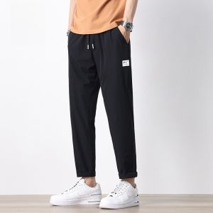 ROMON | Lormen Ice Silk Mens Casual Pants Summer Thin Loose Straight Quick Dry Sports Elastic Waist Nine Point Pants Youthful Vitality Style