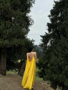 ชุดเดรสยาวแขนกุดคอตั้งเอวสูงสไตล์ลำลองสำหรับฤดูร้อน ชุดเดรสชายหาดฤดูร้อน ชุดเดรสเปิดหลังสำหรับการถ่ายภาพ