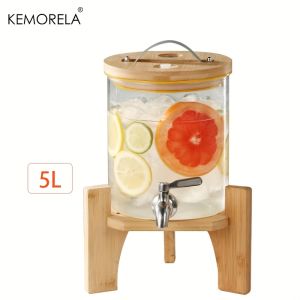 Bình Đựng Đồ Uống Thủy Tinh 5L Có Giá Đỡ Bằng Gỗ Vòi Rót Trong Suốt Bền Thân Thiện Với Môi Trường Thích Hợp Cho Tiệc Tùng Và Quán Bar
