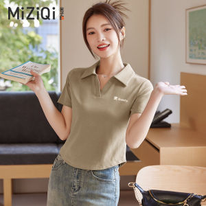 Slim Fit Polo Neck Short Sleeve T-Shirt Womens Summer New Style Korean Version V-neck Fashionable Top Cotton Polyester Blend