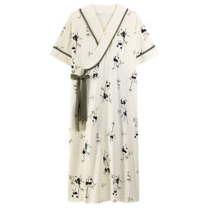 MiiOW | ชุดนอนผู้หญิง MiiOW ฤดูร้อน แขนสั้น บาง พร้อมแผ่นเสริมหน้าอก ชุดกิโมโนสไตล์จีน ฤดูร้อน 2025 ชุดเดรสยาวปานกลางคอวี