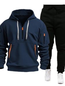 Mens Sportswear Set Hoodie Sweatshirt Long Sleeve Long Pants Autumn Season Multi Pocket Zipper Casual Leisure Outfit Ensemble