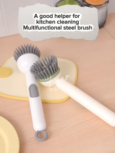 Long Handle Plastic Liquid-Adding Rotating Handheld Pot Brush Sponge Portable Kitchen Dish Cleaning Tool