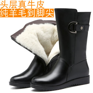 Wool Boots Womens Mid Boots New Arrival Winter Heattech Genuine Leather Womens Cotton Boots Fleece-lined Thickened Non Slip Flats Mom Boots